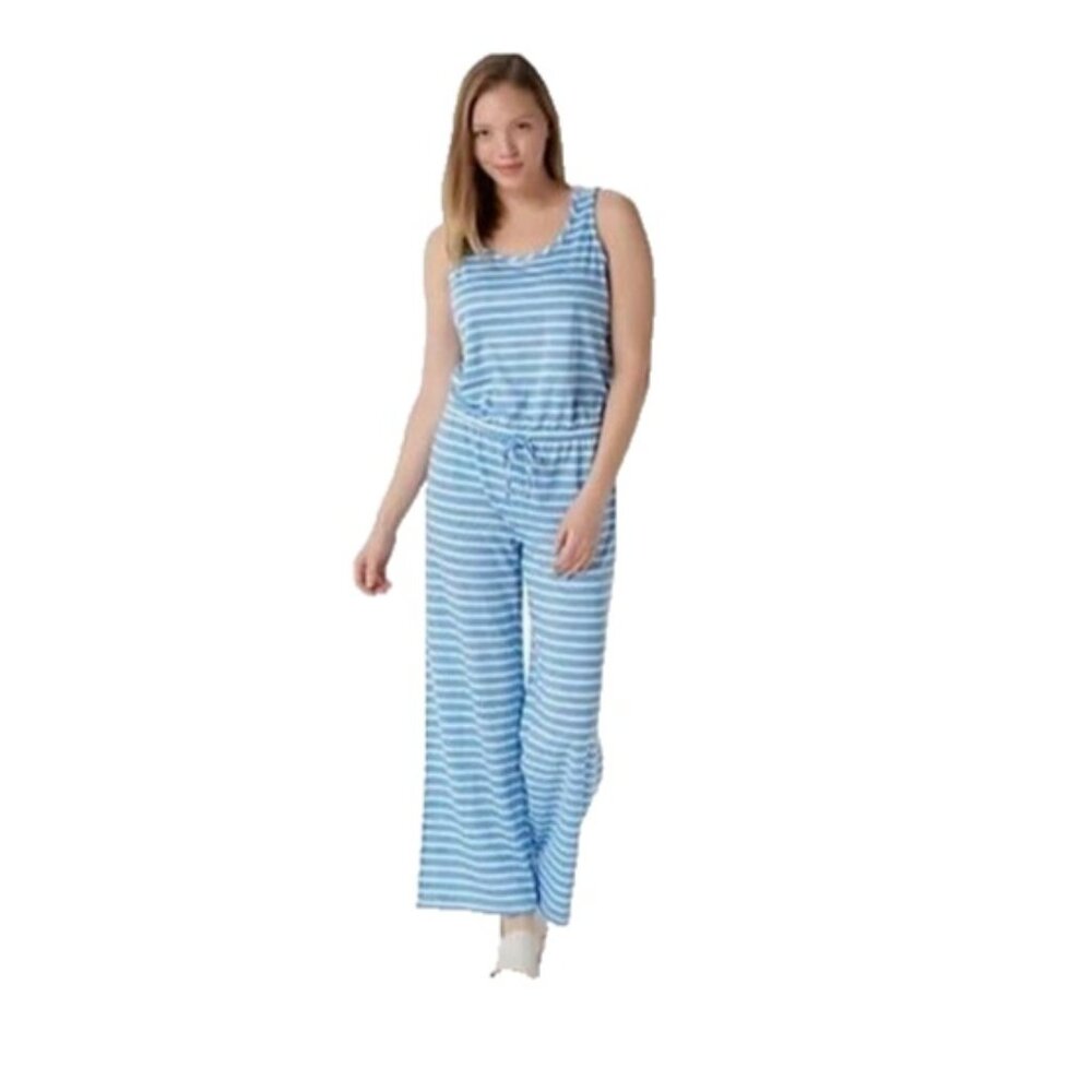 MUK LUKS Jumpsuit Womens Plus 4X Sleeveless Blue Striped Tank Drawstring Waist